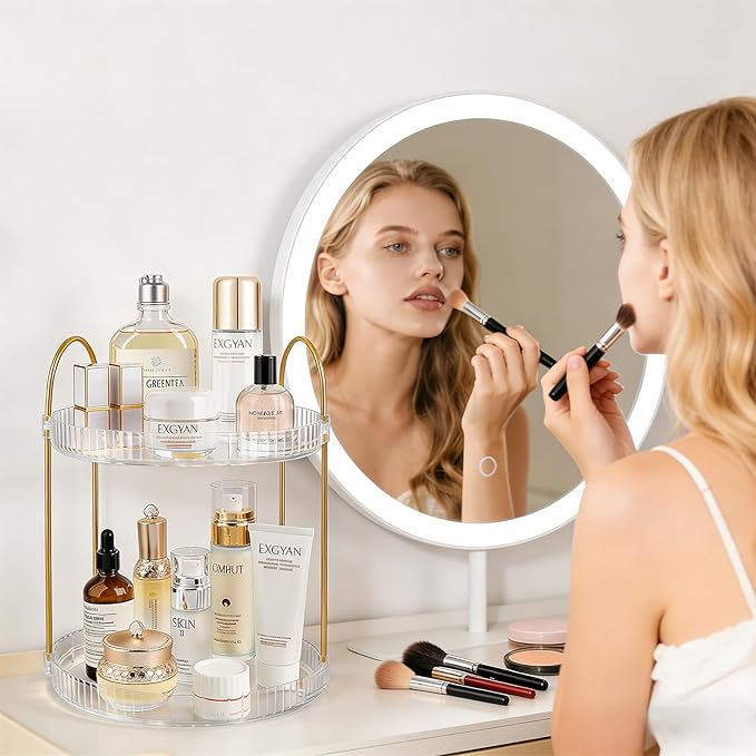 360° Rotating Makeup Organizer 2 Tier Large Capacity Perfume Skincare Tray for Dresser Spinning Bathroom Counter Organizer for Vanity Lazy Susan Turntable Storage for Kitchen, Clear