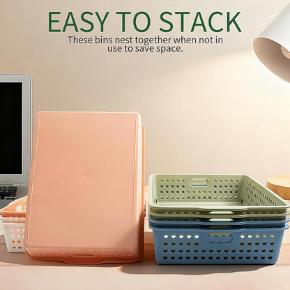 8 Pack Paper Organizer Baskets Trays, 14 Inch Colorful Plastic Storage Baskets Stackable Organizer Bins with Handles for A4 Documents, Arts, Crafts, Library, Office