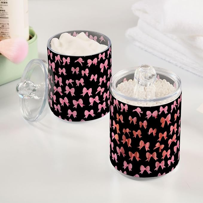 ALAZA 4pcs Funny Bow Black Qtip Holder Dispenser 14 oz Bathroom Storage Clear Apothecary Jars Containers Cotton Ball,Cotton Rounds,Floss Picks, Hair Clips, Food
