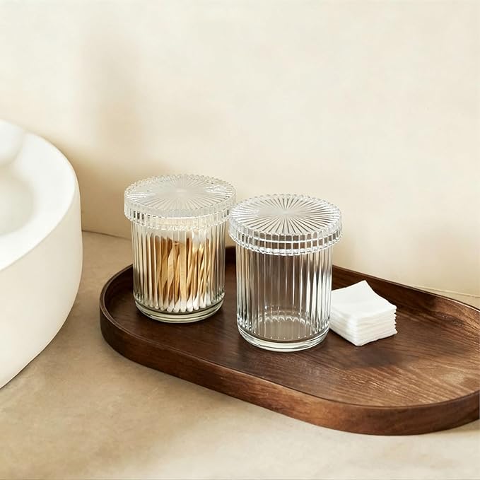 2Pack Vintage Lead-Free Glass Qtip Holder with Dust-Proof Lid, 3.5inch Diameter Storage Canister (Clear)