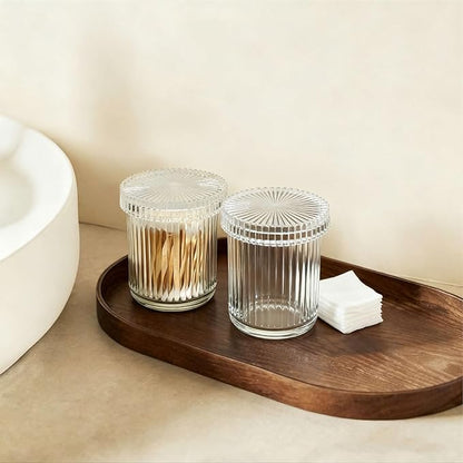 2Pack Vintage Lead-Free Glass Qtip Holder with Dust-Proof Lid, 3.5inch Diameter Storage Canister (Clear)