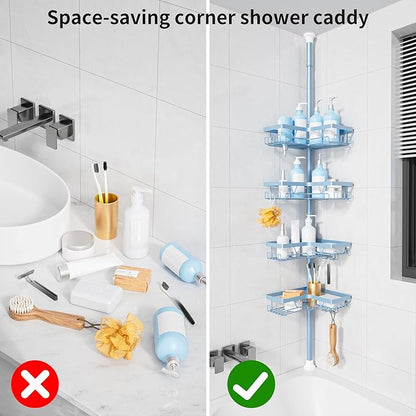 KEGII Shower Caddy Tension Pole, 4-Tier Rustproof Adjustable Corner Bathroom Organizer for Renters, 25–114.2 Inch No Drill Space-Saving Shower Storage Rack, Blue