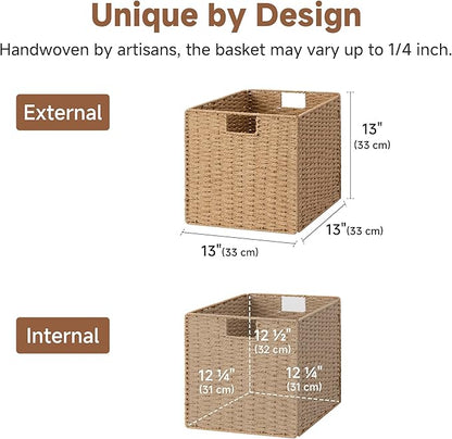 StorageWorks 13 inch Wicker Storage Baskets, Foldable Handwoven Wicker Basket for Organizing, Natural Paper Rope Square Storage Cubes, 2 Pack