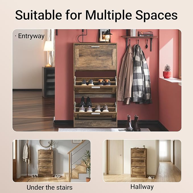 Haotian Shoe Cabinet Storage for Entryway, Narrow Shoe Cabinet with Three Flip Drawers to Save Space, Shoe Rack Cabinet for Front Door Entrance Hallway (Natural)