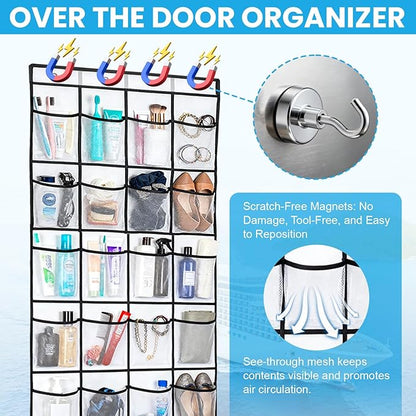 Cruise Essentials 2026 Over The Door Organizer For Cruise Ship 24 Pocket Magnetic Door Organizers with 4 Metal Hooks and 4 Strong Magnets Door Organizer Hanging for Cabin Behind Door Storage Organizer
