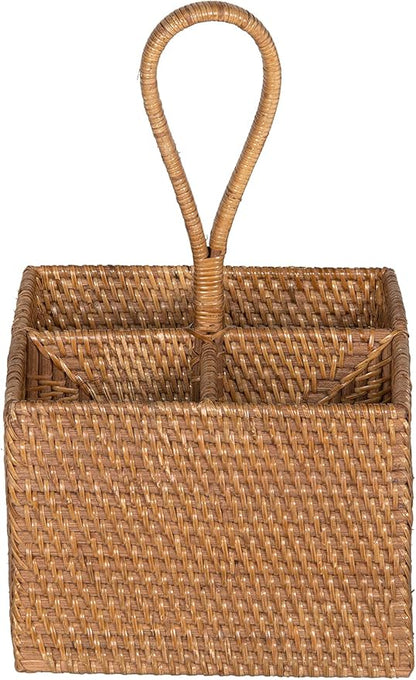 KOUBOO Laguna Rattan Bottle Caddy Storage Box for Kitchen with 4 Compartments, Home Organizer | Wicker Basket, Crate for Display, Bathroom, Farmhouse Decor, Vintage Style, Honey Brown