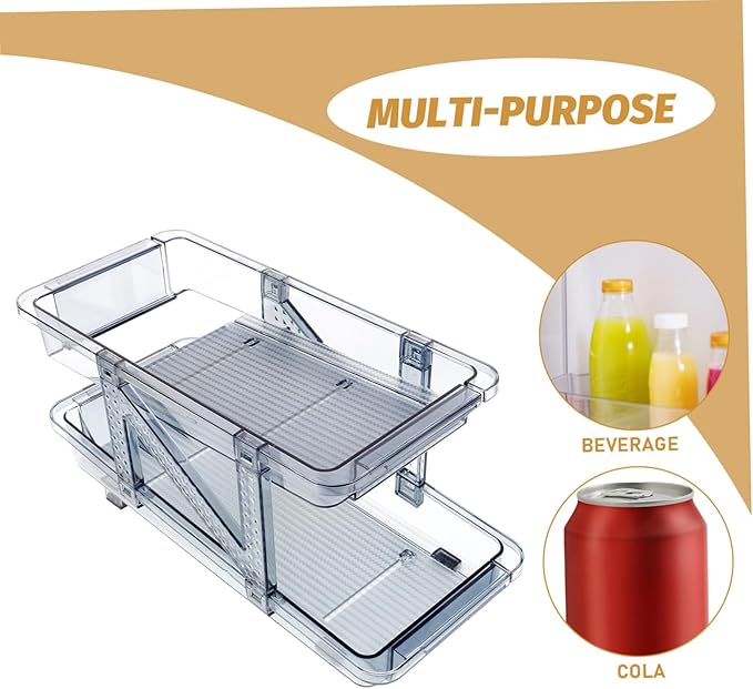 Double Tier Beverage Organizer Rack Rolling Soda Can Holder for Refrigerator Convenient Beer and Drink Dispenser Space-saving Storage for Kitchen and Pantry