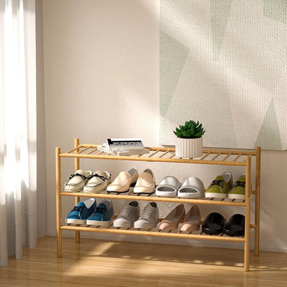 ROMGUAR CRAFT 3-Tier Bamboo Long Shoe Rack, Free Standing Wood Shoe Shelf Storage Organizer for Closet Entryway Stackable 35"x11"x20" (Natural)