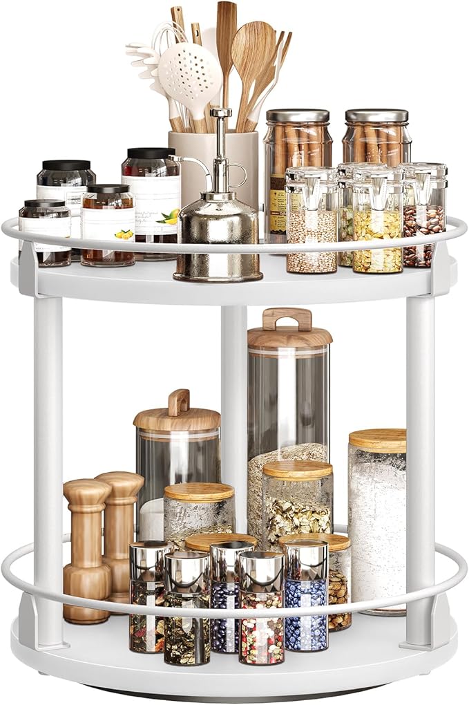 YATINEY Lazy Susan Organizer, Rotating Spice Rack, 2 Tier Spice Turntable Organizer, Industrial Turntable Spice Holder, for Kitchen Countertop, Compact and Versatile, White SR22WW