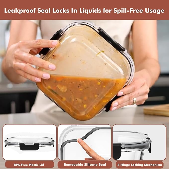 Razab 2 PC 1200ML / 41 Oz Glass Food Storage Containers with Lids - Airtight & Leakproof - Microwave/Oven/Freezer Safe - BPA Free - Ideal for Meal Prep, Storing Leftover & Lunch