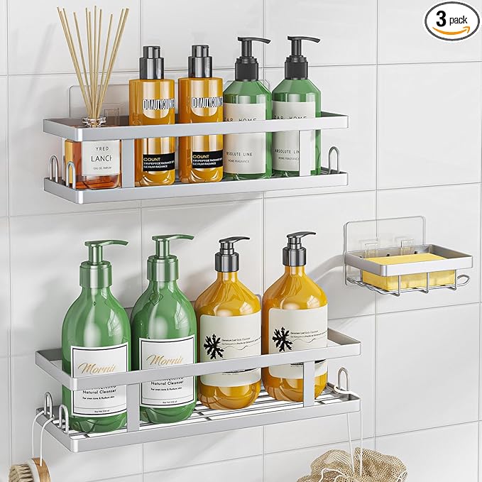 Youvip Adhesive Shower Caddy, 3 Pack Shower Shelves with Soap Holder and 12 Hooks, Rustproof No Drilling Bathroom Organizer and Storage, Silver