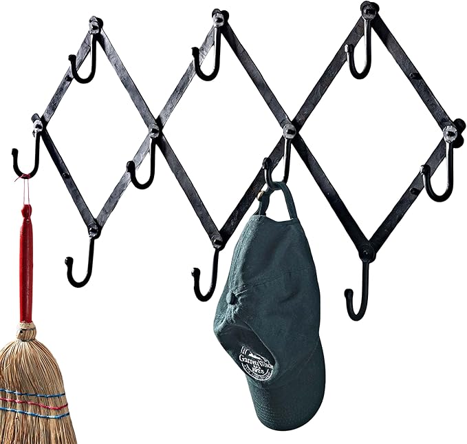Kings County Tools Accordion Wall Hanger - Forged Iron Hat Rack with 10 Hooks for Hats, Coats, and Bags - Expandable Coat Rack - Wall Organizer for Bedroom, Entryway, or Mudroom (Black)