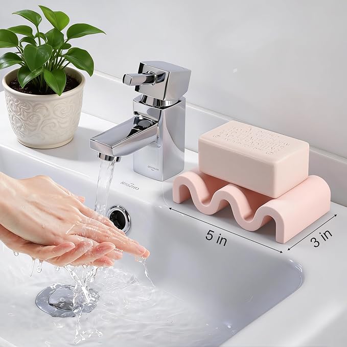 Diatomite Soap Dish Quick Drying Bar Soap Holder Draining Soap Saver Rack Wave Pattern Sponge Tray for Bathroom Sink, Shower, Kitchen, Pink