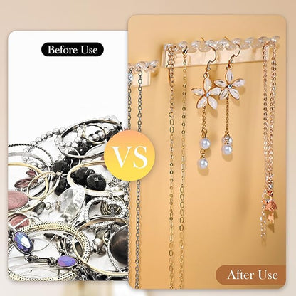 6 Pack Jewelry Organizer - Clear Wall-Mounted Holder, Easy to Install, 3.7" x 0.6", with 8 Hooks for Necklaces, Bracelets, Earrings, and Keys