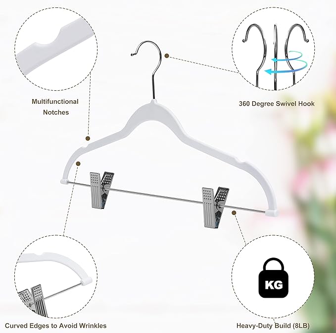 80 Pack White Quality Plastic Non Velvet Non-Flocked Thin Compact Coat Hangers with Metal Clips for Skirts Pants Blouses 360° Swivel Hook