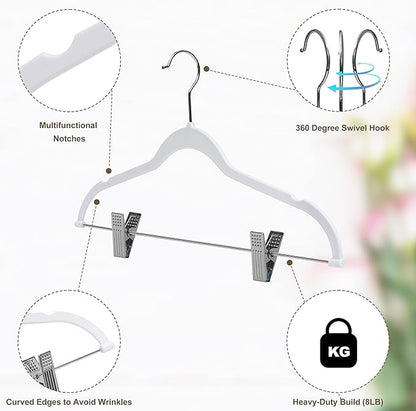 80 Pack White Quality Plastic Non Velvet Non-Flocked Thin Compact Coat Hangers with Metal Clips for Skirts Pants Blouses 360° Swivel Hook
