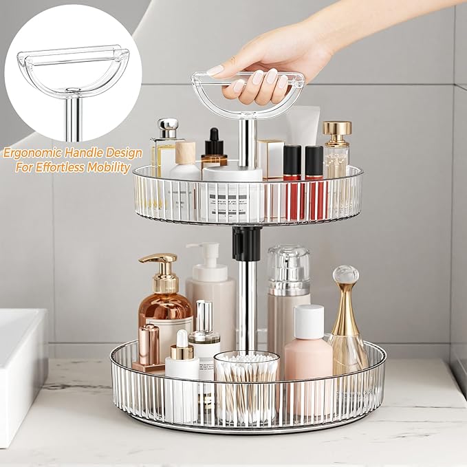 2-Tier Lazy Susan 360° Rotating Turntable Organizer Rack with Handles Height Adjustable, Spice Rack Holder Organizer for Cabinet, Pantry Organizers Bathroom Countertop Storage (Transparent Color)