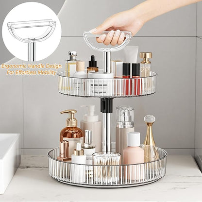 2-Tier Lazy Susan 360° Rotating Turntable Organizer Rack with Handles Height Adjustable, Spice Rack Holder Organizer for Cabinet, Pantry Organizers Bathroom Countertop Storage (Transparent Color)