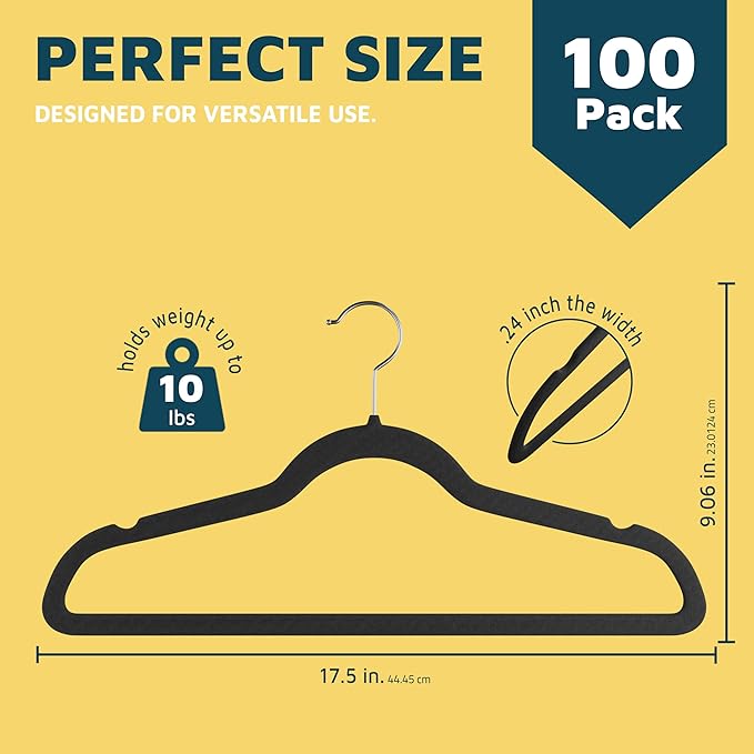 Lifemaster Velvet Non-Slip Plastic Hanger Set - 100 Pieces Non-Slip Clothes Hanger Set with 360° Swivel Hook, Space-Saving, Sleek Design, Smooth Velvet Finish, Lightweight Construction - Black