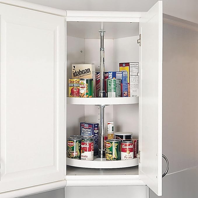 Rev-A-Shelf 18 Inch Dual Full-Circle Lazy Susan Organizer for Upper Corner Kitchen Cabinets, Plastic Home Storage 2 Tier Shelves, White, 6012-18-11-52