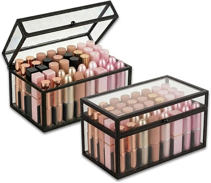 40 Lipsticks Organizer with Lid, Glass Display Box Fits Large Perfume & Skincare, Easy-Access Organiser for Vanity Countertop, Multifunctional Display Box in Any Rooms