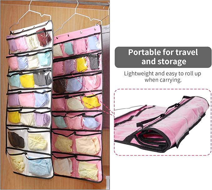Closet Hanging Organizer, Dual Sided Hanging Wardrobe Storage Bags, 42 Clear Pockets Storage Hanger for Jewelry Socks Underwear (Pink)