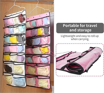 Closet Hanging Organizer, Dual Sided Hanging Wardrobe Storage Bags, 42 Clear Pockets Storage Hanger for Jewelry Socks Underwear (Pink)