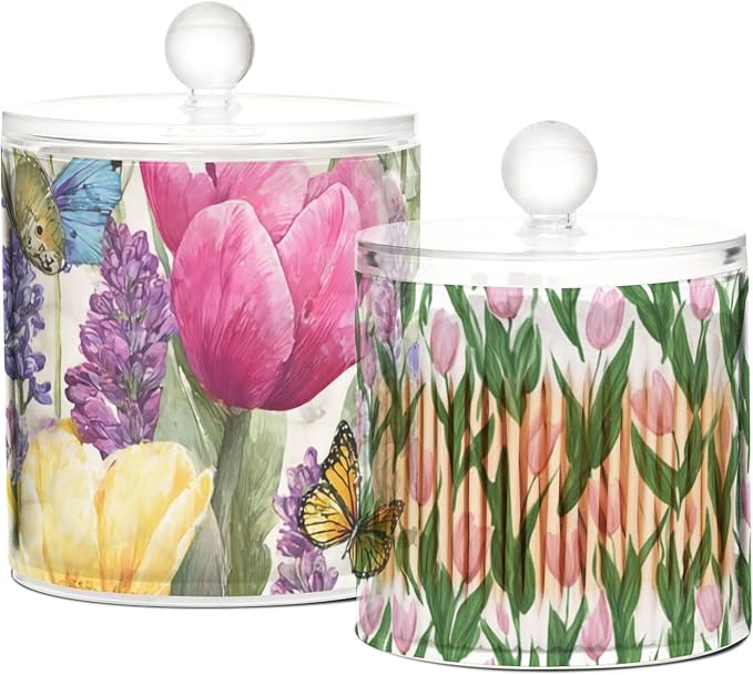 2 Pack Qtip Dispenser Apothecary Jars with Lids Cotton Round Holder Bathroom Canisters for Cotton Swab Floss Ball Pads Clear Plastic Decorative Tulips Lavenders Purple Butterfly