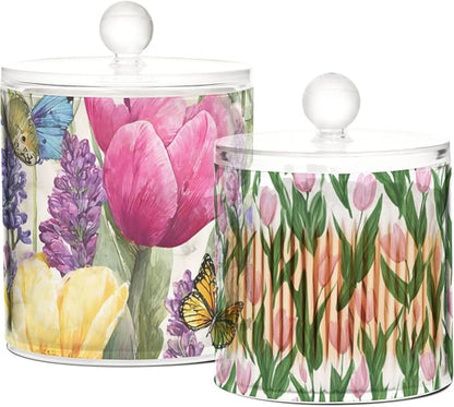 2 Pack Qtip Dispenser Apothecary Jars with Lids Cotton Round Holder Bathroom Canisters for Cotton Swab Floss Ball Pads Clear Plastic Decorative Tulips Lavenders Purple Butterfly