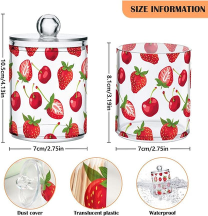 2 Pack Qtip Holder Dispenser for Cotton Ball Strawberry Cherry Red Swab Round Pads Clear Plastic Acrylic Jar Set Bathroom Canister