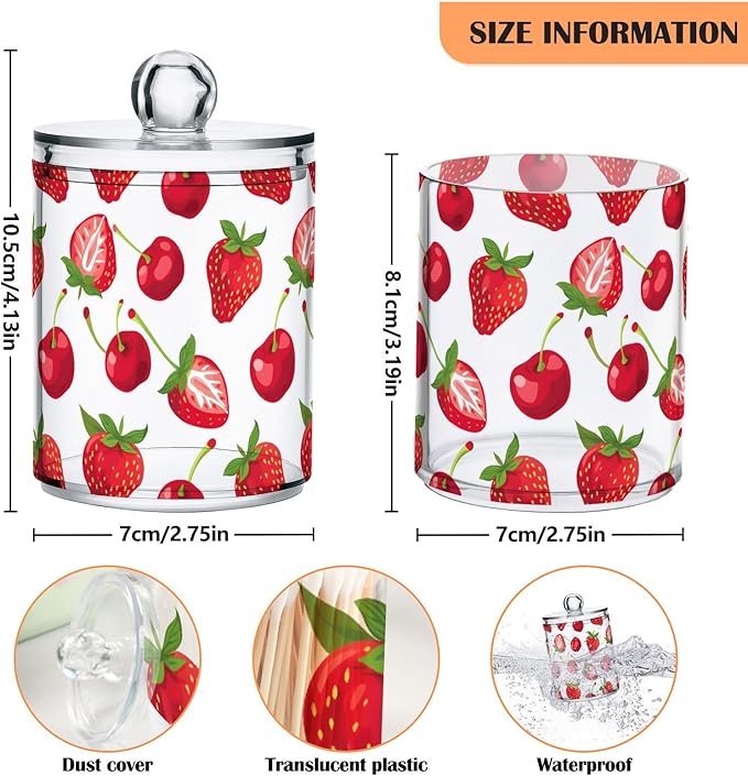 4 Pack Qtip Holder Dispenser Strawberry Cherry Red Cotton Ball Swab Round Pads Floss Clear Bathroom Storage Containers Plastic Apothecary Jars with Lids
