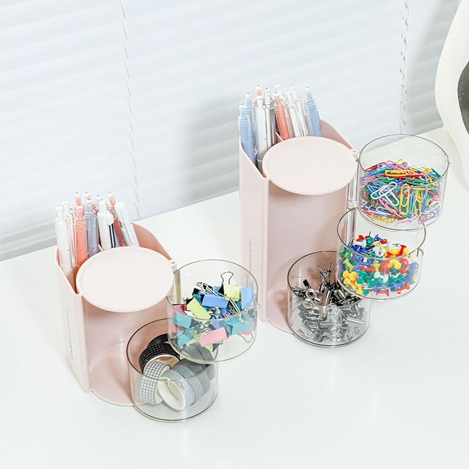FABROK 2-Layer Clear Hair Accessories Organizer with Hair Brushes Holder, Rotatable Small Jewelry Box for Necklaces、Earring, Desktop Organizer Case for Hair Accessories, Cotton Swab(Pink)