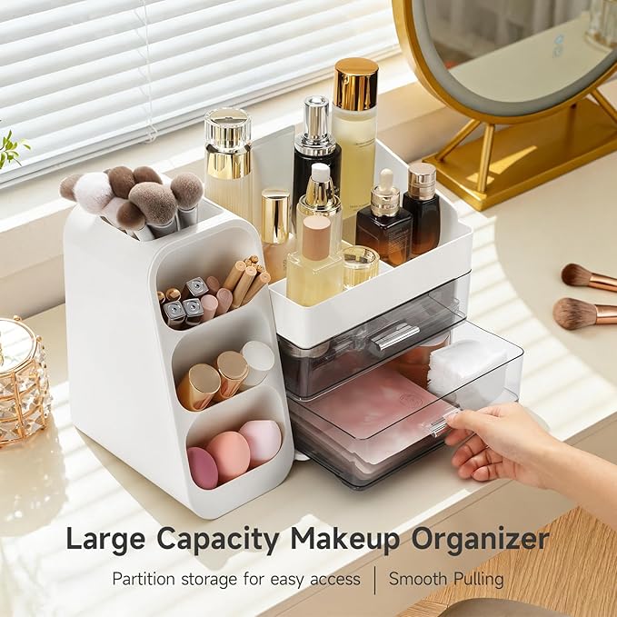 Delamu Makeup Organizer Countertop, Spacious Cosmetic Display Case with Makeup Brush Holder, Perfect Vanity Bathroom Organizer and Storage, Ideal Christmas Gifts for Women Girls, White