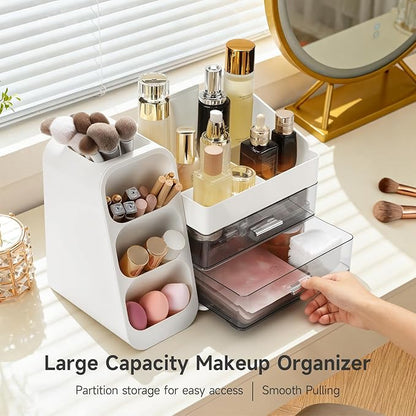 Delamu Makeup Organizer Countertop, Spacious Cosmetic Display Case with Makeup Brush Holder, Perfect Vanity Bathroom Organizer and Storage, Ideal Christmas Gifts for Women Girls, White
