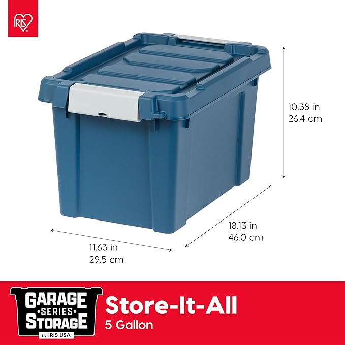 IRIS USA 5 Gallon Eco-Friendly Lockable Storage Bins with Lids, 6 Pack - Made in USA, Heavy Duty, Stackable Containers, Garage Organizing Bins Moving Tubs, Rugged Sturdy Equipment Utility Box - Navy