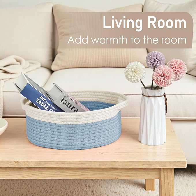 JMvicyroam Woven Basket,Small Rope Storage Bin with Handles & Ribbon Bag, Organizer for Shelves Closets,Gift Basket Empty for Birthday,Books,Dog Toys, White&Blue/3 Pack