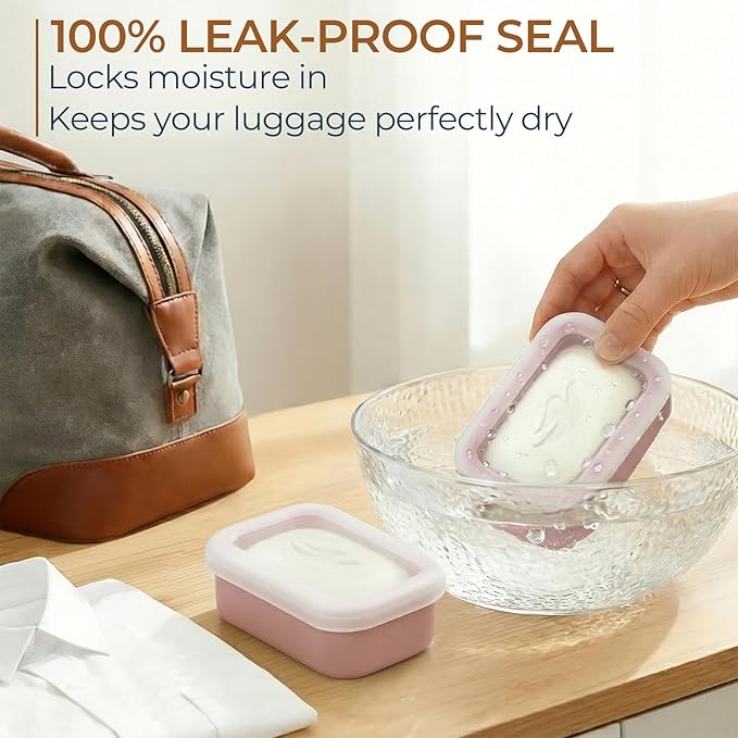 AIMAIAIMAI Compact Leakproof Travel Soap Case, Silicone Travel Soap Container, Portable Soap Box with Drainage Layer, Shatterproof Soap Holder for Bathroom, Gym (Pink)