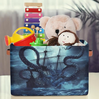 AUUXVA Storage Basket Ocean Kraken Nautical Pirate Ship Animal Octopus Storage Cube Box Durable Canvas Collapsible Toy Basket Organizer Bin with Handles for Shelf Closet Bedroom Home Office