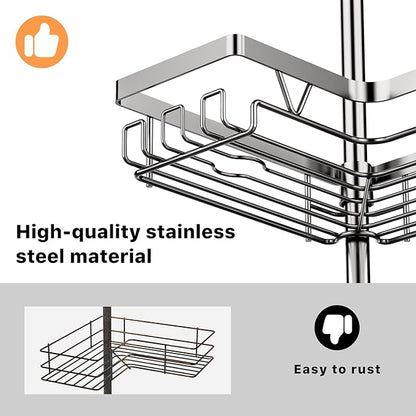 KEGII Corner Shower Caddy Tension Pole with Soap Dish & Razor Holder, Adjustable Bathroom Organizer with Hooks, 25-114.2 Inch Rustproof Storage Shelf for Renters & Apartments, Gunmetal Gray