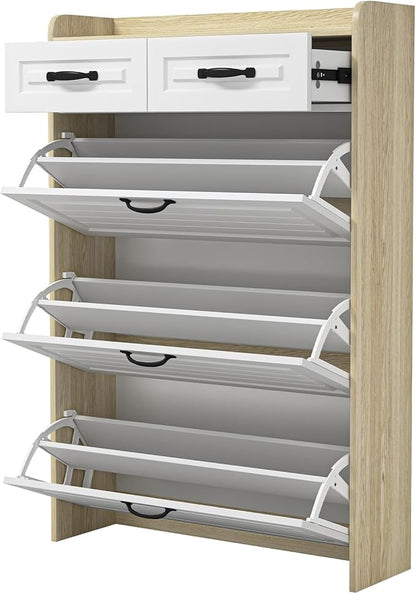 Vibe & Dine Shoe Storage Cabinet with 3 Flip Drawers & 2 Horizontal Drawers, Large Shoe Organizer Cabinet Fits for Kinds of Shoes, Narrow Slim Shoe Rack Cabinet for Entryway, Hallway, Oak