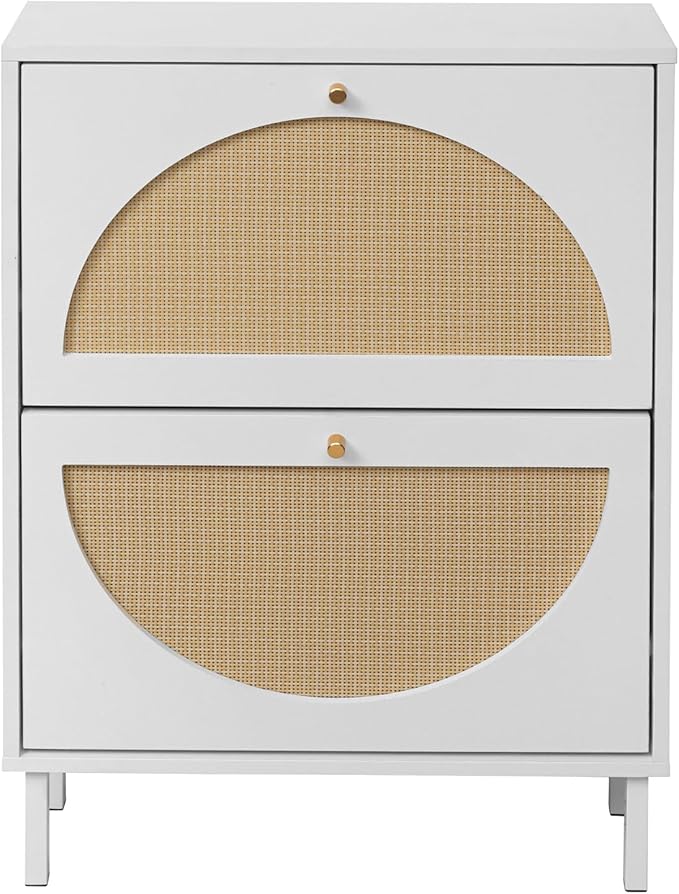ZeHuoGe Rattan Shoe Cabinet with 2 Flip Drawers, Entrance Hallway Slim Entryway Organizer, White Rack Storage for Heels, Slippers