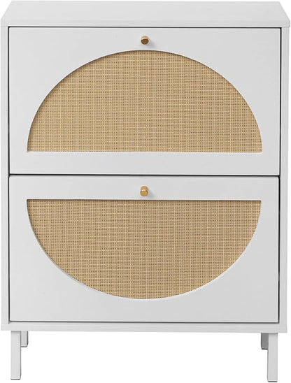 ZeHuoGe Rattan Shoe Cabinet with 2 Flip Drawers, Entrance Hallway Slim Entryway Organizer, White Rack Storage for Heels, Slippers