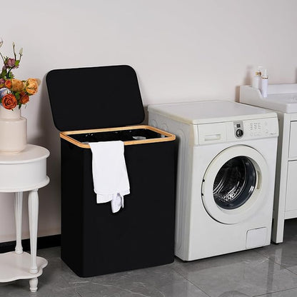 efluky Laundry Hamper with Lid, Trio Laundry Basket with 2 Removable Bags, 3 Section Laundry Bin with Bamboo Handles for Bathroom, Bedroom & Laundry Room, 160L (42.3 Gallon) Black