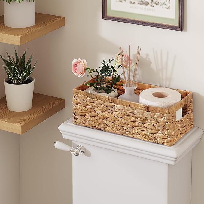 Vagusicc Wicker Storage Basket, Set of 2 Hand-Woven Water Hyacinth Wicker Baskets for Organizing Decor Storage Bins for Counter Shelves Pantry Basket Small Toilet Paper Basket for Toilet Tank Top