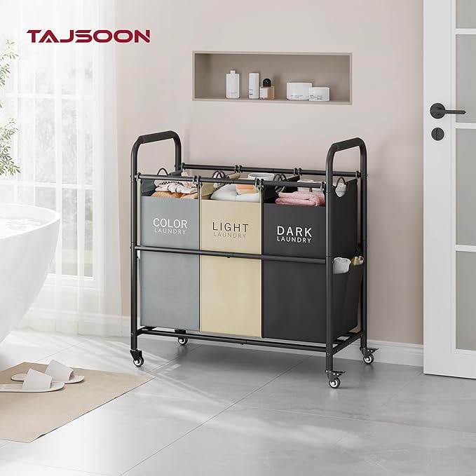 Tajsoon 3 Bag Laundry Sorter Cart, Laundry Hamper Sorter Basket with Heavy Duty Lockable Rolling Wheels for Clothes Storage, 3 Colors