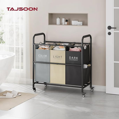 Tajsoon 3 Bag Laundry Sorter Cart, Laundry Hamper Sorter Basket with Heavy Duty Lockable Rolling Wheels for Clothes Storage, 3 Colors