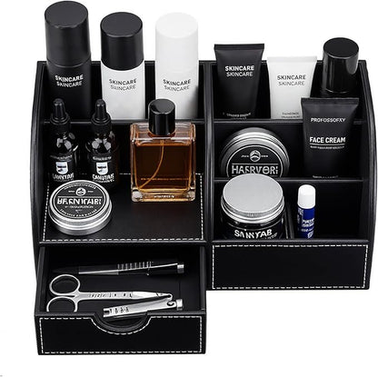 KINGFOM Cologne Organizer for Men, PU Leather Dresser Organizer with Drawer, 11" Countertop Cologne Holder for Watch, Wallet, Keys, Sunglasses, Bathroom Bedroom Nightstand Organizer, Black