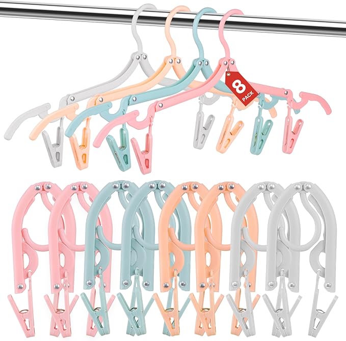 8 Pack Foldable Travel Hangers with 16 Clips & Folding Hanger - Space Saving Portable Collapsible Hooks for Cruise, RV, Hotel (Assorted Colors)