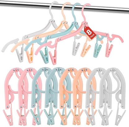 8 Pack Foldable Travel Hangers with 16 Clips & Folding Hanger - Space Saving Portable Collapsible Hooks for Cruise, RV, Hotel (Assorted Colors)