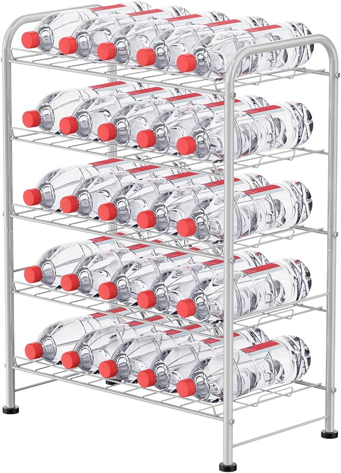 BTY 5 Tier Water Bottle Organizer Small Water Bottle Holder Stand Freestanding Metal Bottled Water Rack Dispenser for Kitchen, Pantry Organization and Storage, Silver